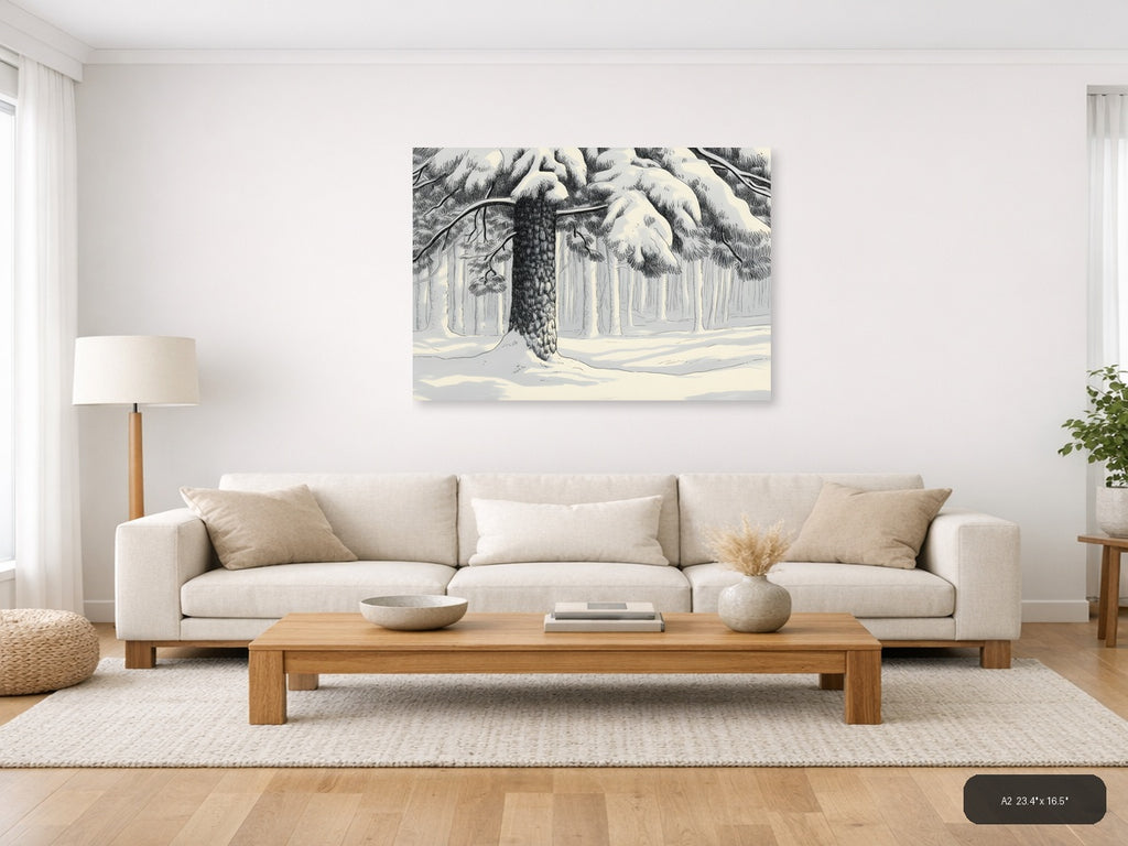 Winter Forest Snow Line Art Landscape Wall Art — A2 / Living Room