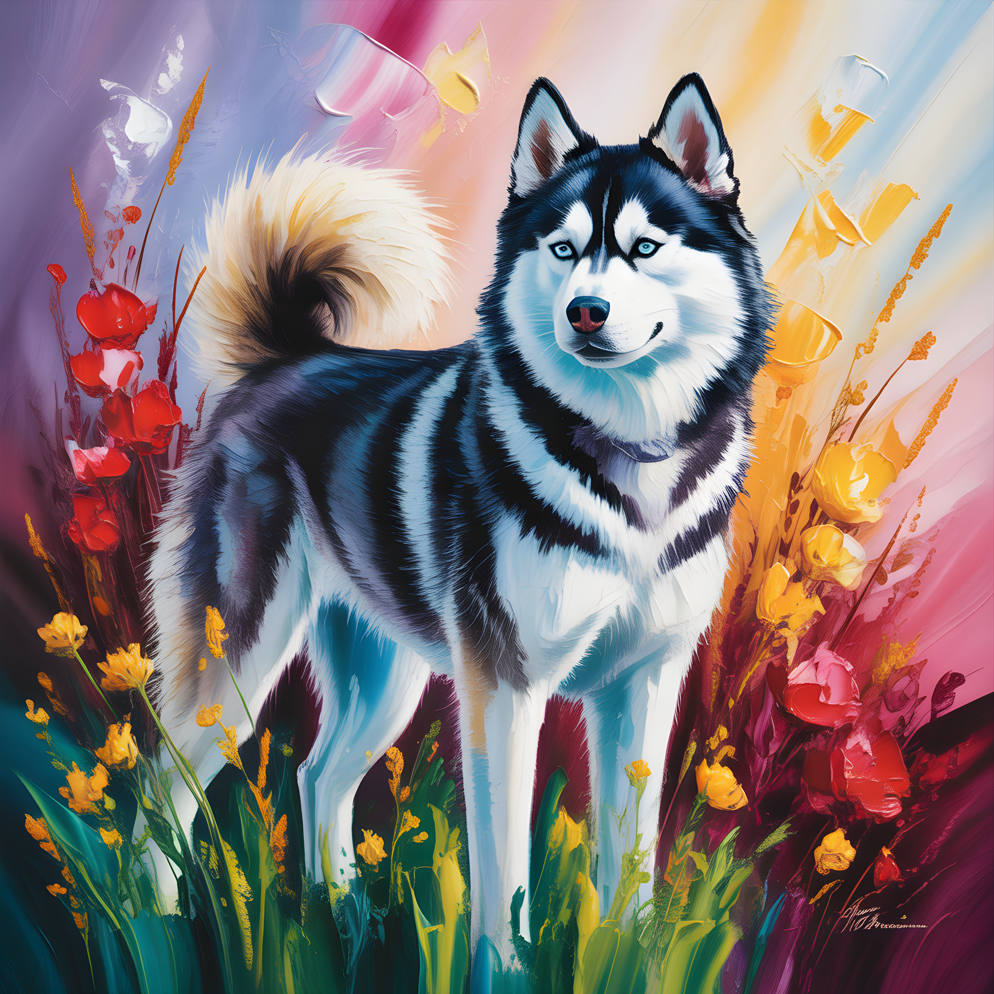 Husky Dog with Colorful Flowers Abstract Wall Art