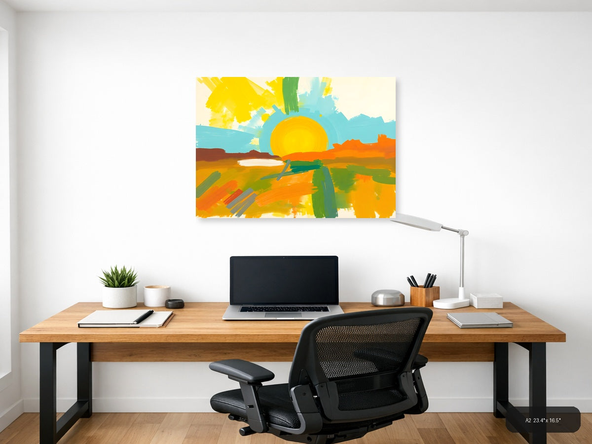 Abstract Sunset Landscape with Yellow Sun Wall Art — A2 / Office