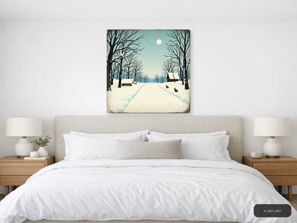 Vintage Winter Landscape with Cabin and Moon Wall Art — A1 / Bedroom