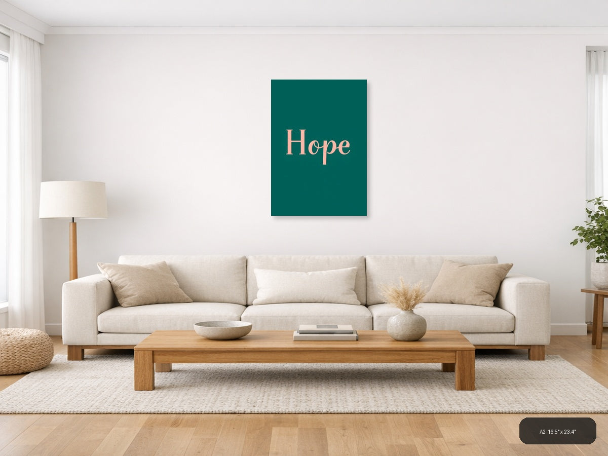 Hope Minimalist Teal and Coral Wall Art Print — A2 / Living Room