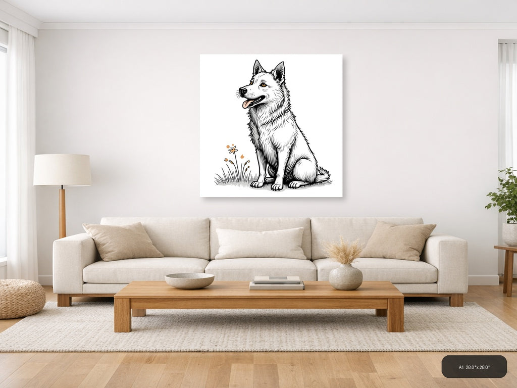 Happy Husky Dog Line Art Drawing Wall Art — A1 / Living Room