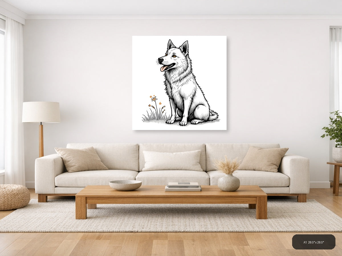 Happy Husky Dog Line Art Drawing Wall Art — A1 / Living Room