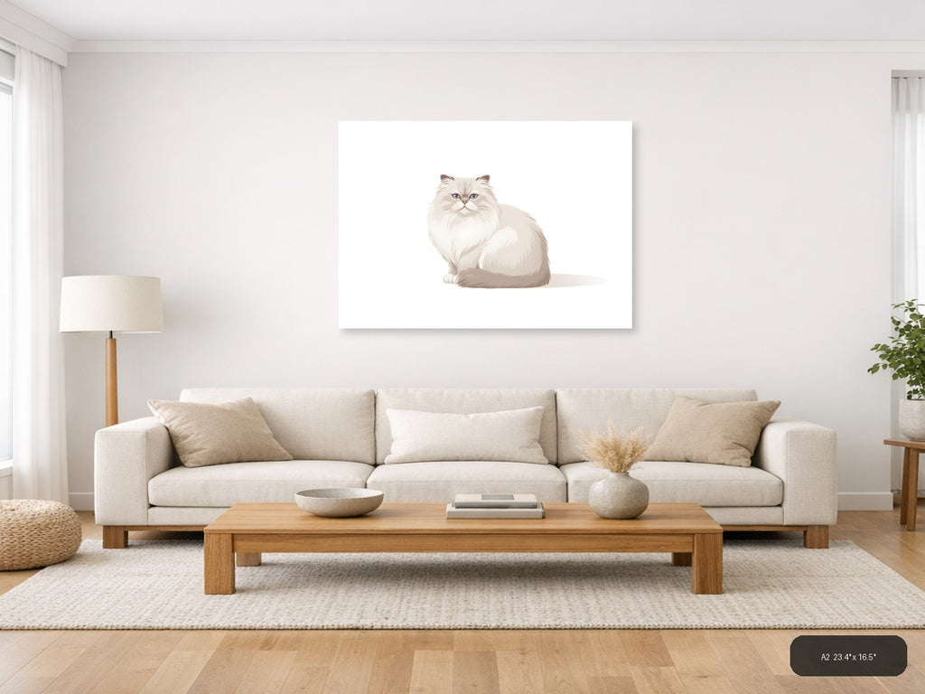 Minimalist White Fluffy Cat Portrait Wall Art — A2 / Living Room