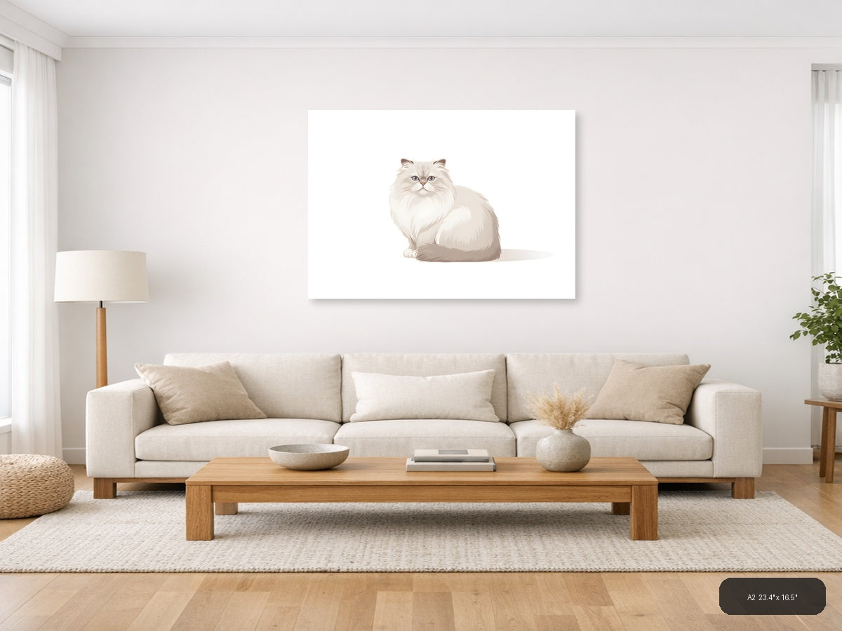 Minimalist White Fluffy Cat Portrait Wall Art — A2 / Living Room
