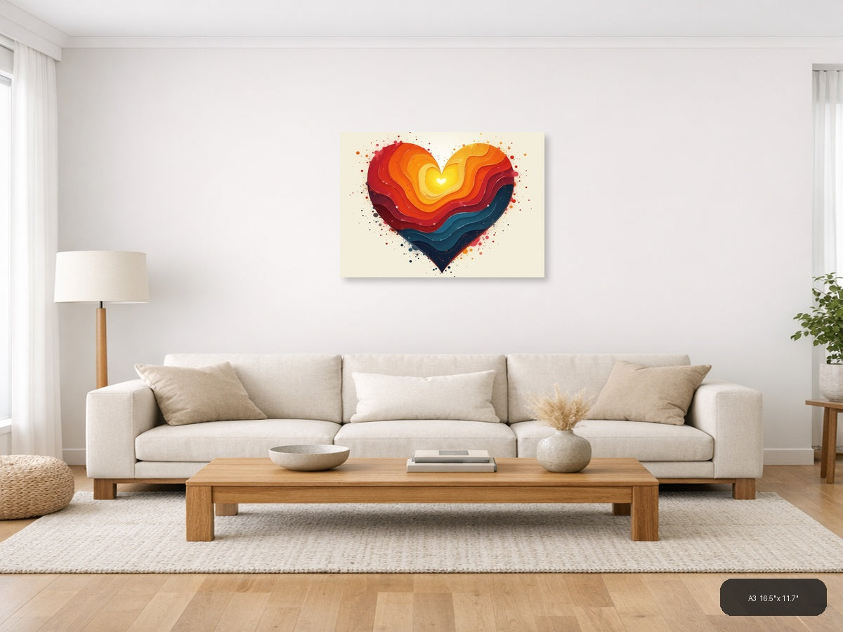 Layered Heart with Glowing Center | Abstract Rainbow Wall Art — A3 (Living Room)