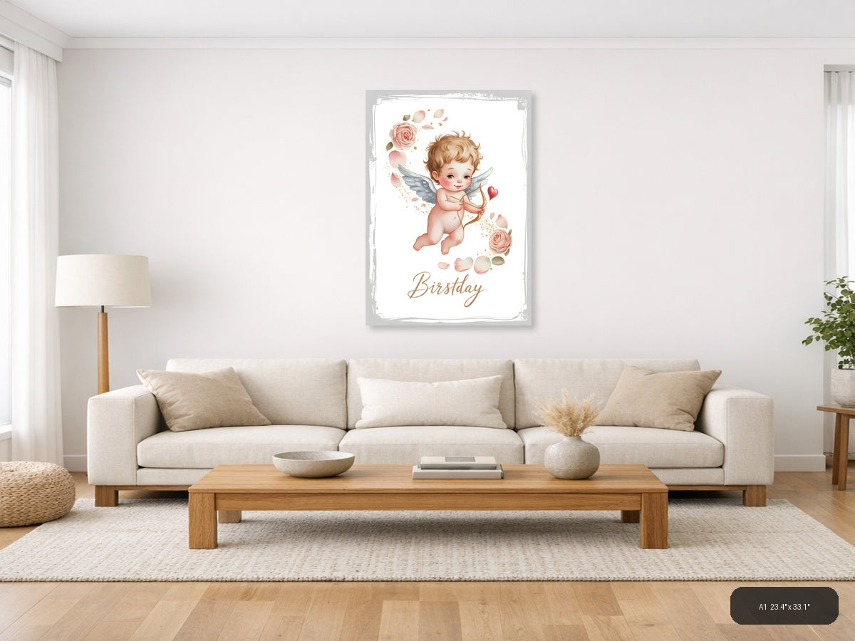Cupid Birthday Watercolor Angel Wing Wall Art — A1 / Living Room