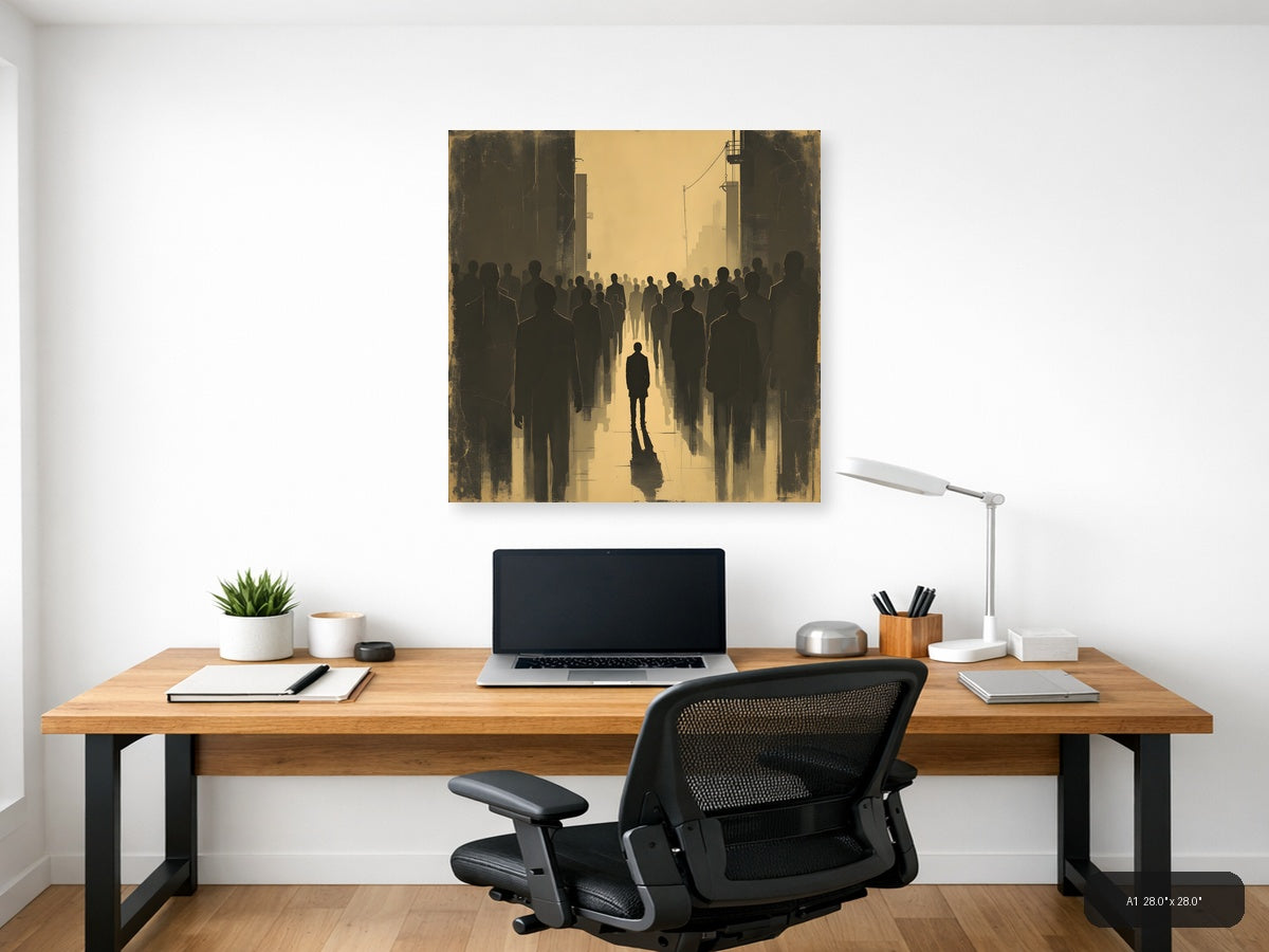 Solitary Figure in Urban Crowd Vintage Wall Art — A1 / Office