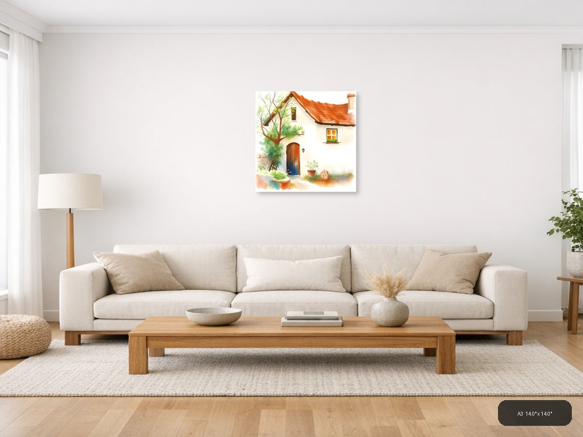 Cozy Cottage with Red Roof Watercolor Wall Art — A3 / Living Room