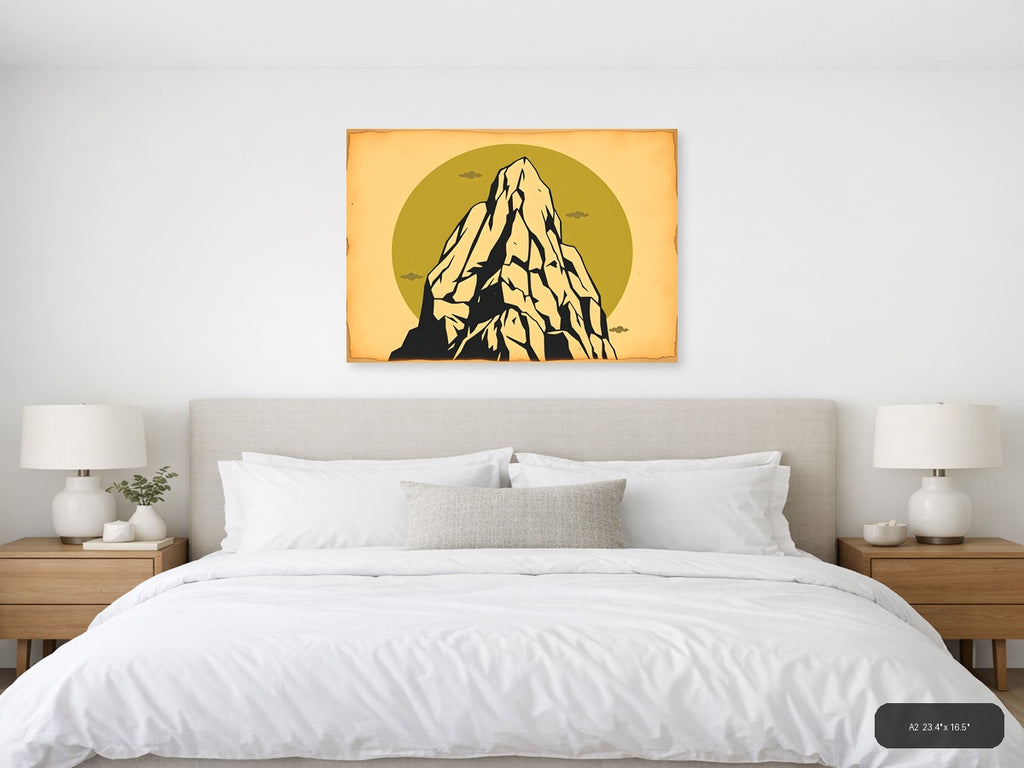 Vintage Mountain Peak Against Gold Sky Wall Art — A2 / Bedroom
