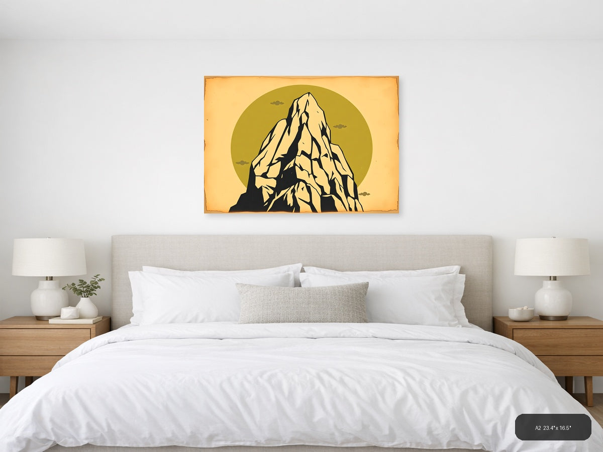 Vintage Mountain Peak Against Gold Sky Wall Art — A2 / Bedroom