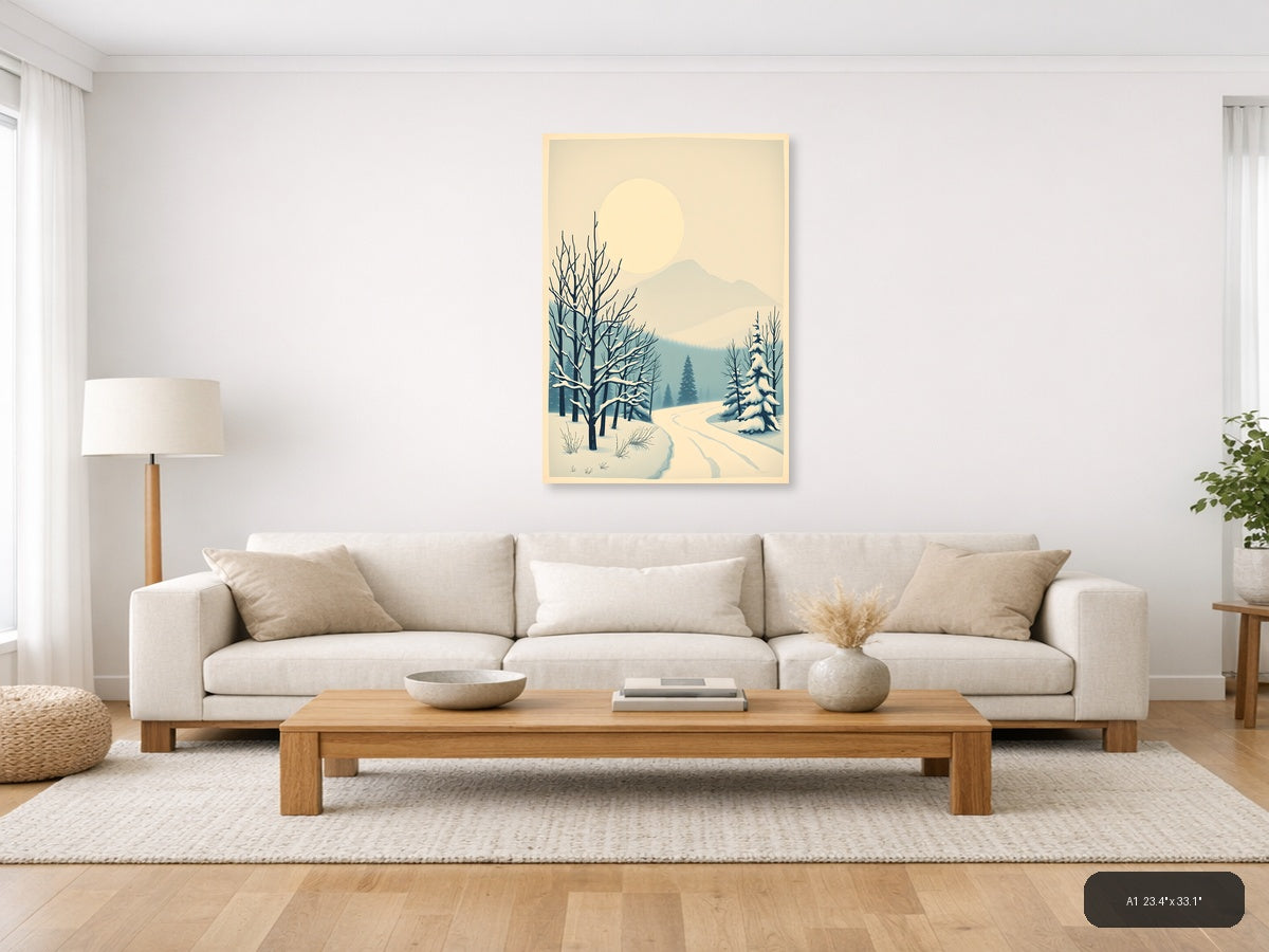 Winter Landscape with Snow Trees and Moon Vintage Wall Art — A1 / Living Room