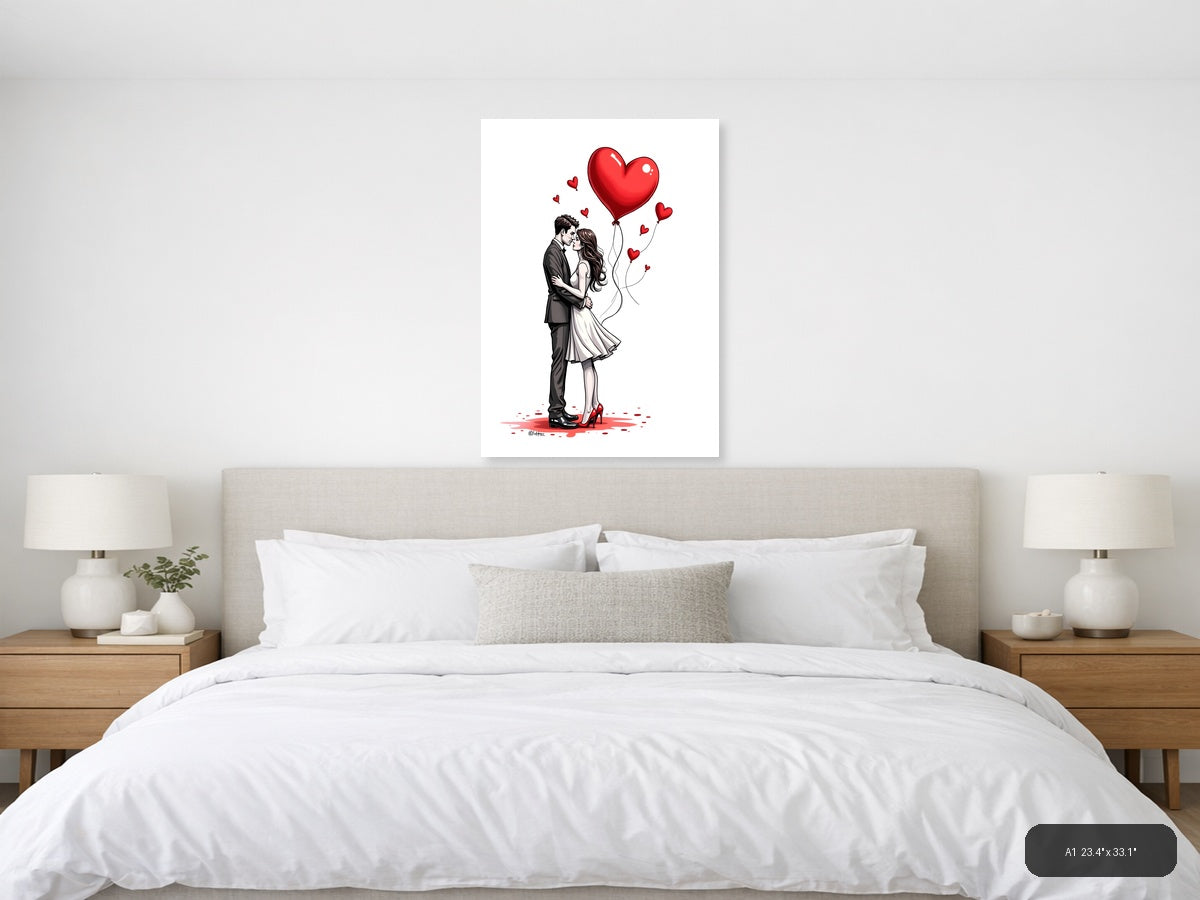 Couple Kissing Heart Balloons Line Art Wall Art — A1 / Bedroom