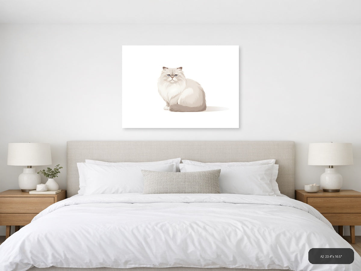 Minimalist White Fluffy Cat Portrait Wall Art — A2 / Bedroom