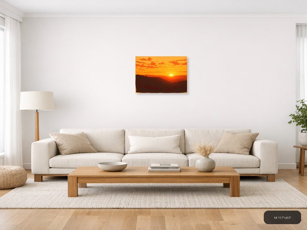 Vintage Sunset Over Mountains Landscape Wall Art — A4 / Living Room
