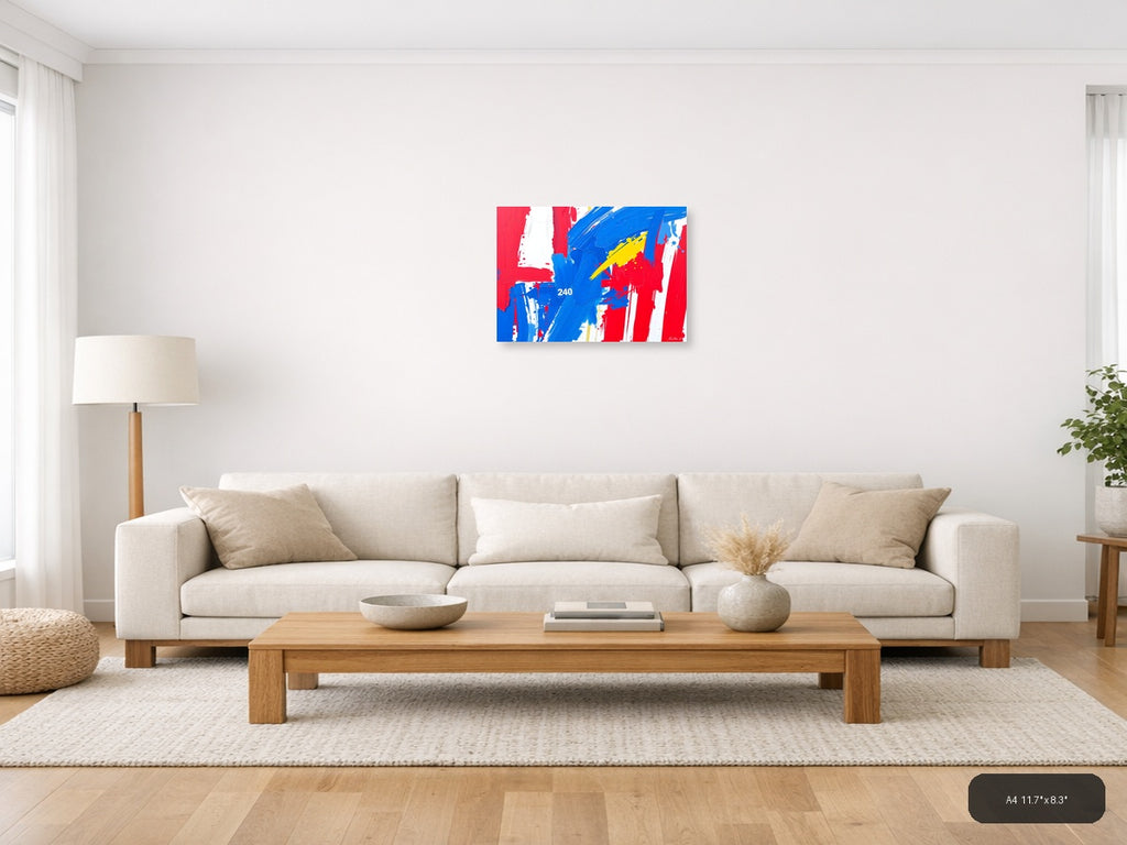 Abstract Red Blue Yellow Modern Brushstroke Wall Art — A4 / Living Room