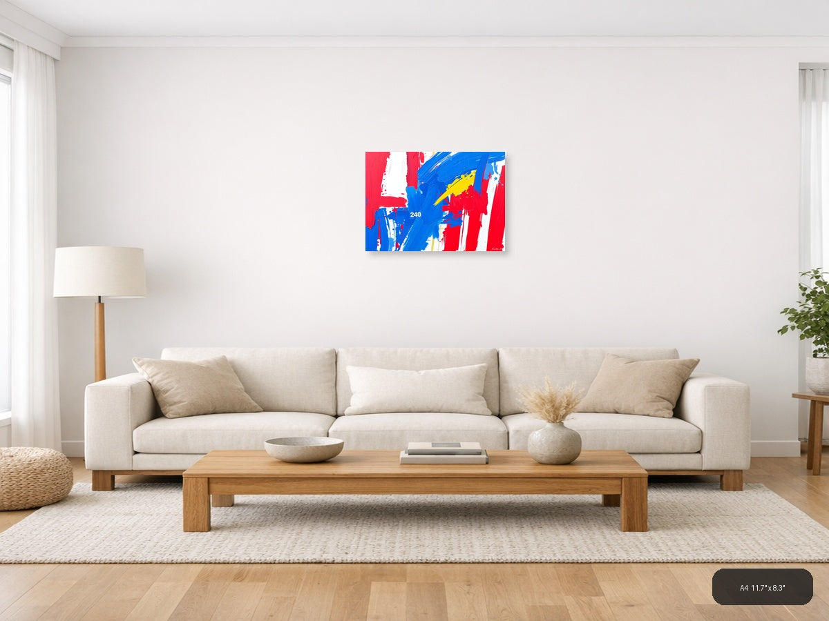 Abstract Red Blue Yellow Expressionist Brushstroke Wall Art — A4 / Living Room