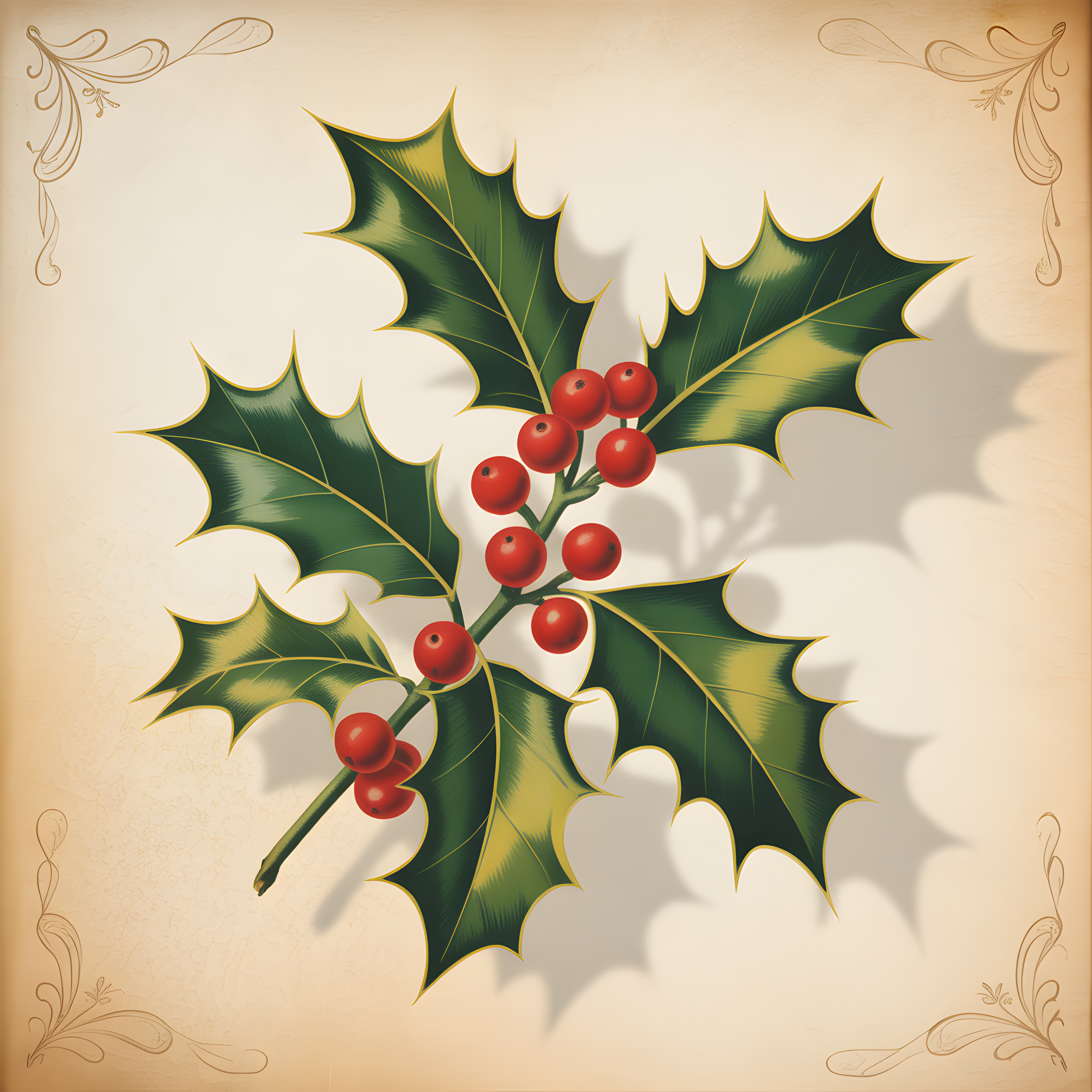 Holly Berries & Leaves Vintage Christmas Wall Art