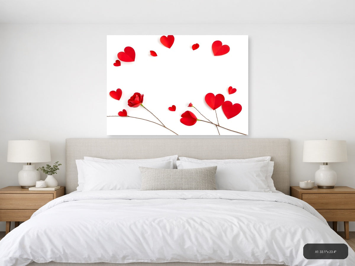 Red Hearts and Roses Minimalist Landscape Wall Art — A1 / Bedroom