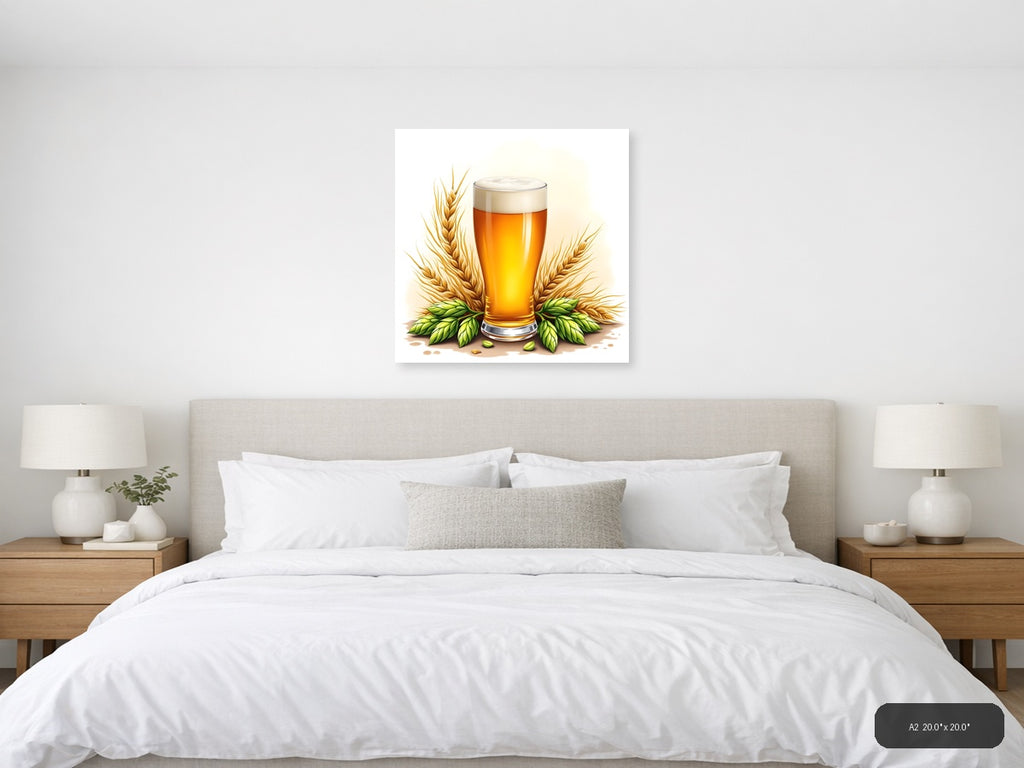Beer Glass with Wheat and Hops Watercolor Wall Art — A2 / Bedroom