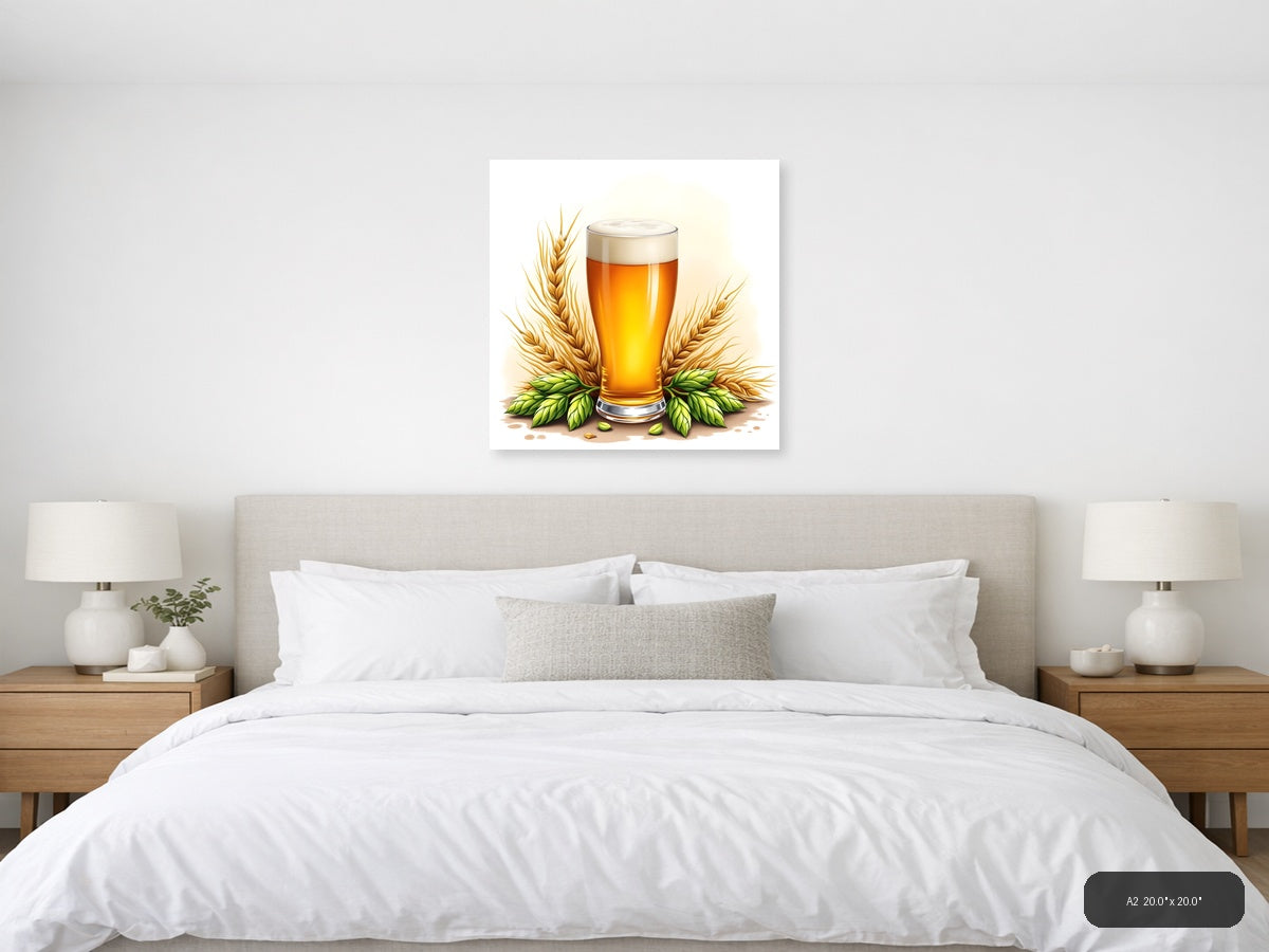 Beer Glass with Wheat and Hops Watercolor Wall Art — A2 / Bedroom