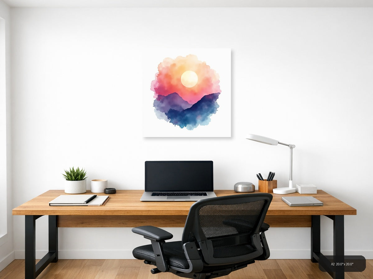 Watercolor Mountain Sunset with Moon Wall Art — A2 / Office
