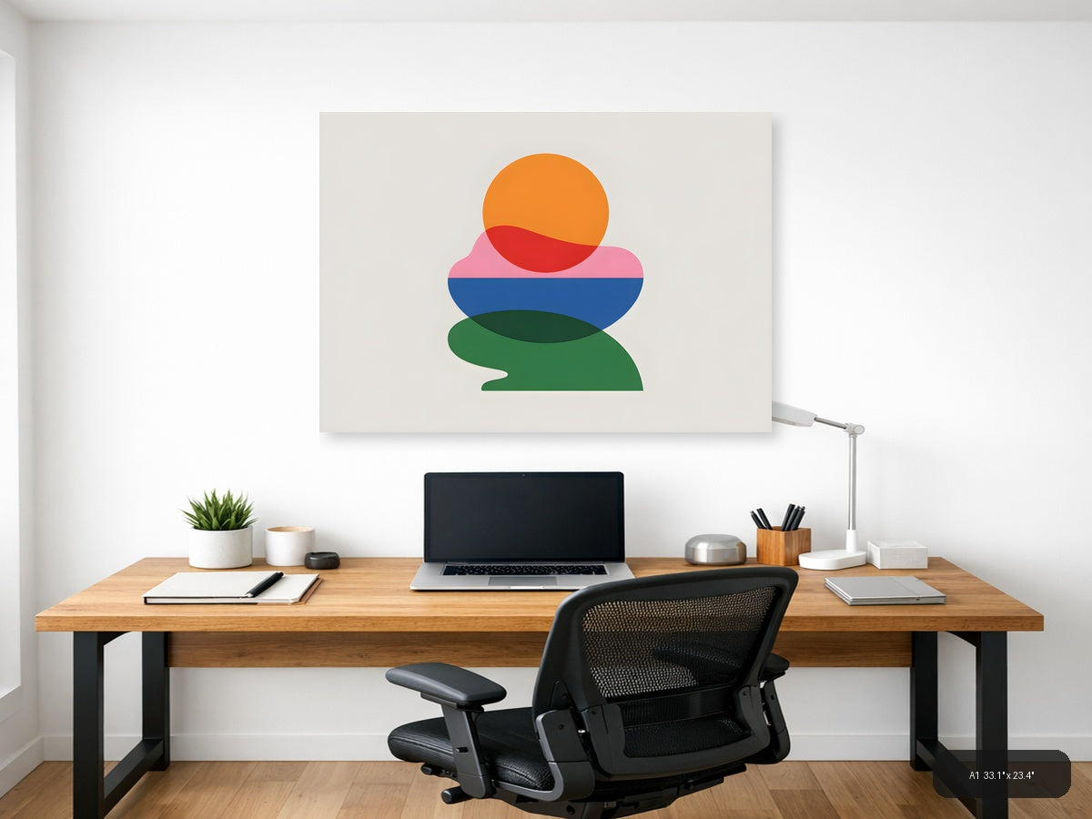 Minimalist Stacked Shapes Orange Red Blue Green Wall Art — A1 / Office