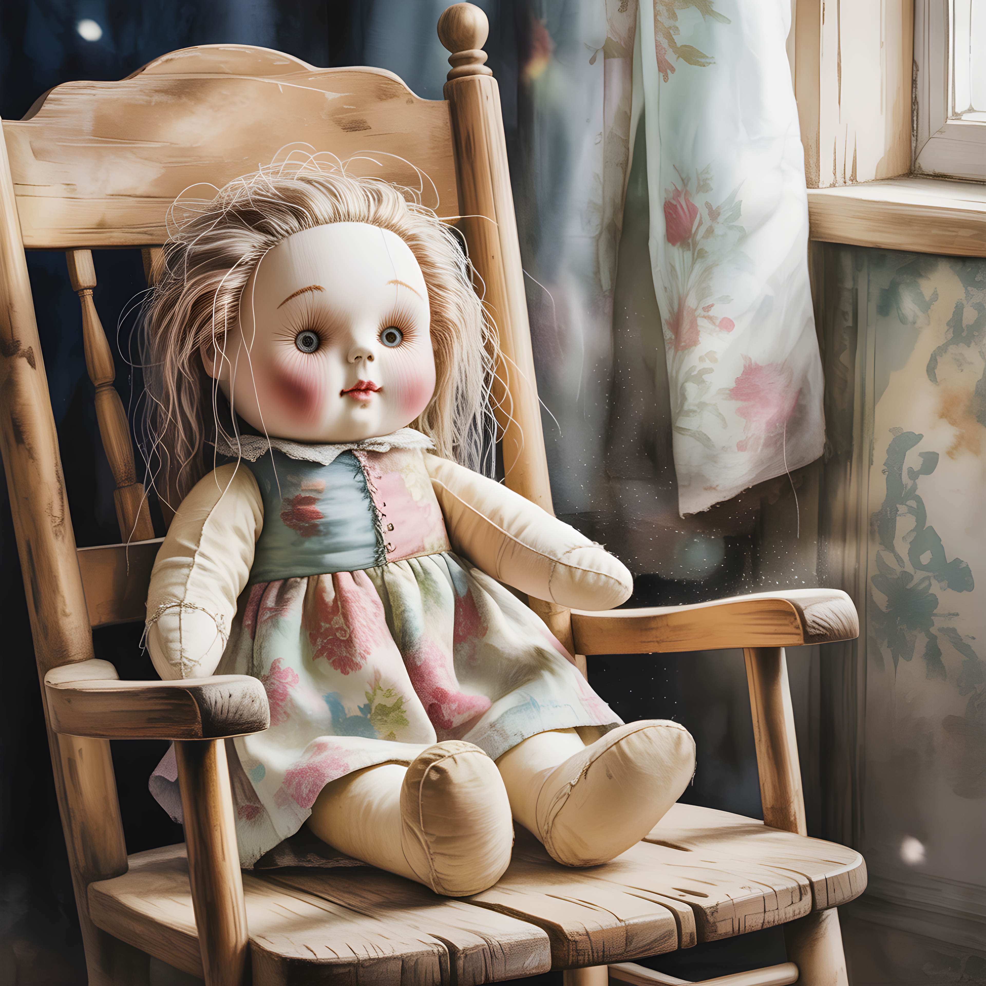 Vintage Porcelain Doll on Wooden Chair Watercolor Wall Art