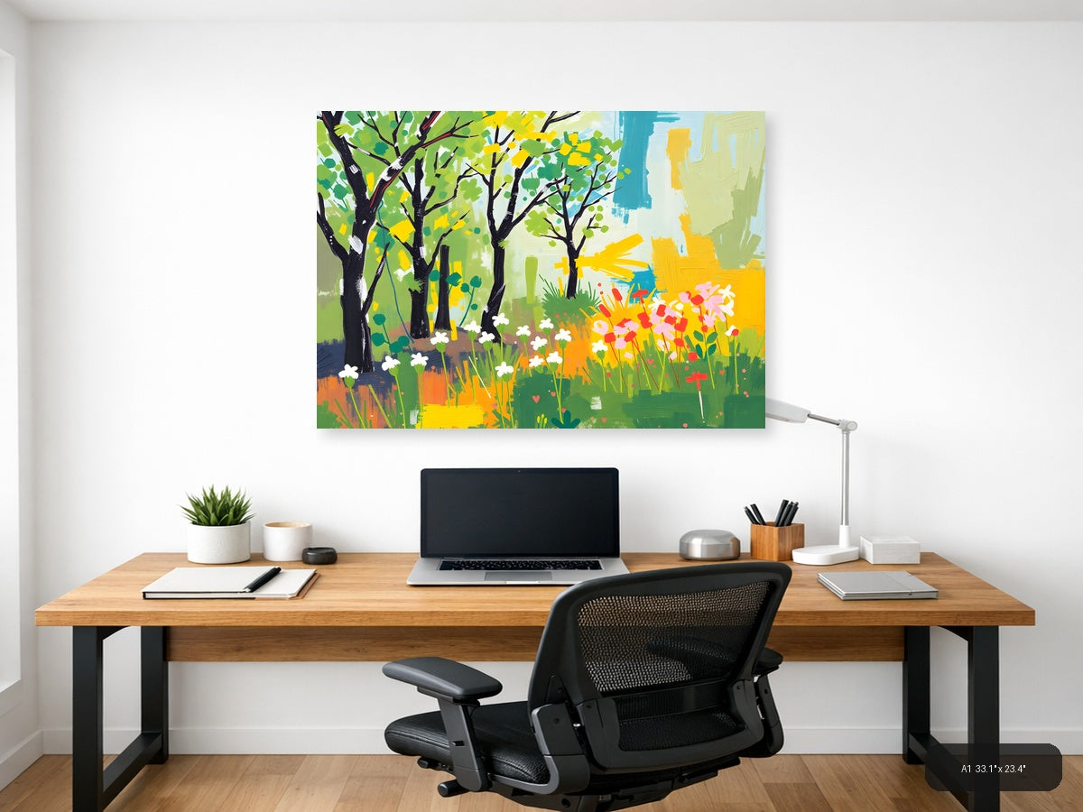 Spring Garden with Black Trees Abstract Wall Art — A1 / Office