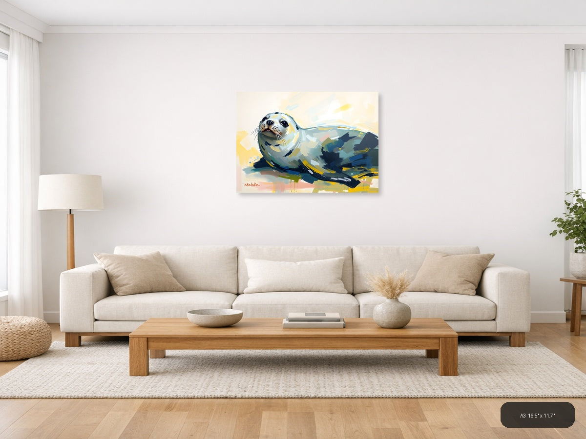 Abstract Seal Portrait with Yellow Accents Wall Art — A3 / Living Room