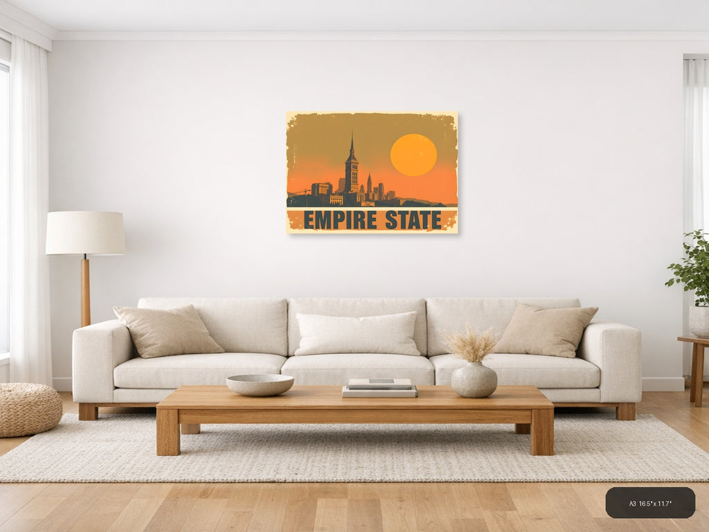 Vintage Empire State Building Sunset Landscape Wall Art — A3 / Living Room