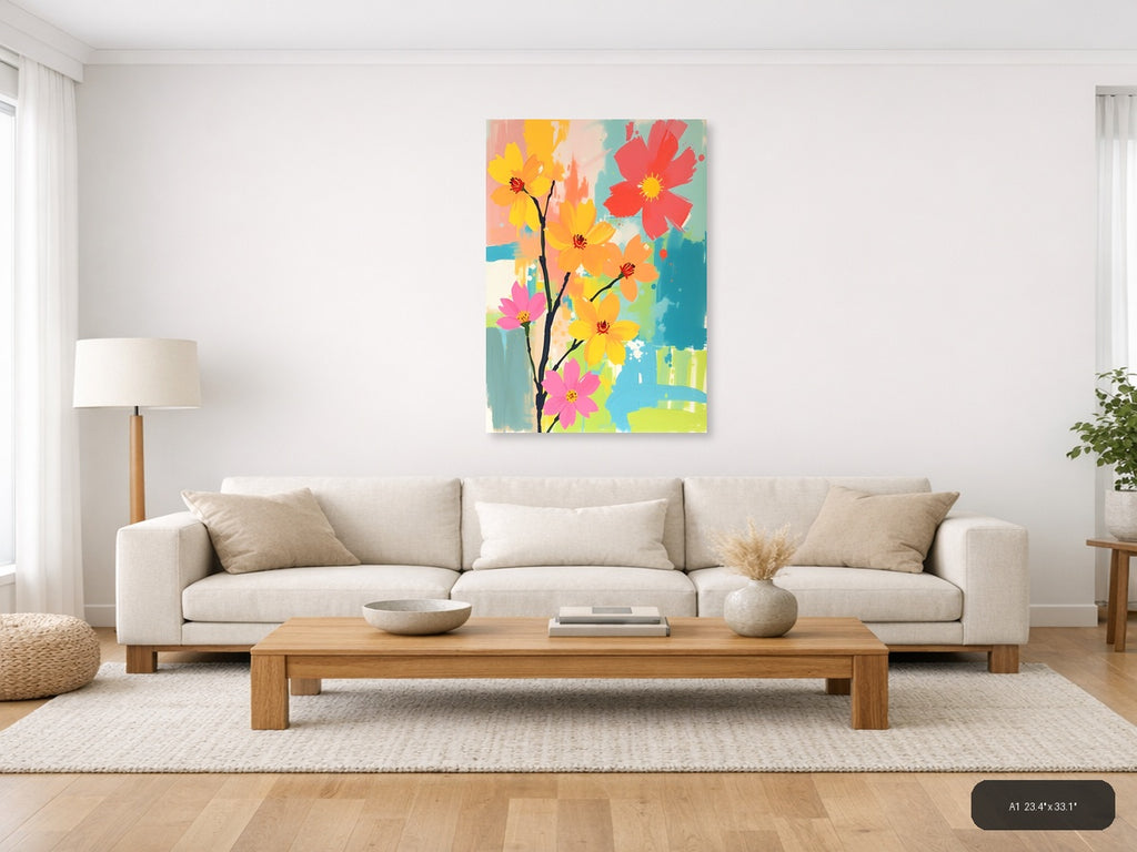 Colorful Abstract Flowers on Branch Portrait Wall Art — A1 / Living Room