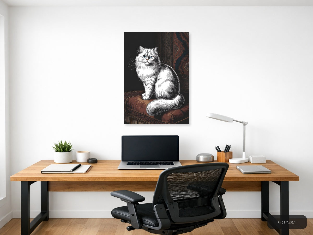 Fluffy White Cat Line Art Portrait Wall Art — A1 / Office