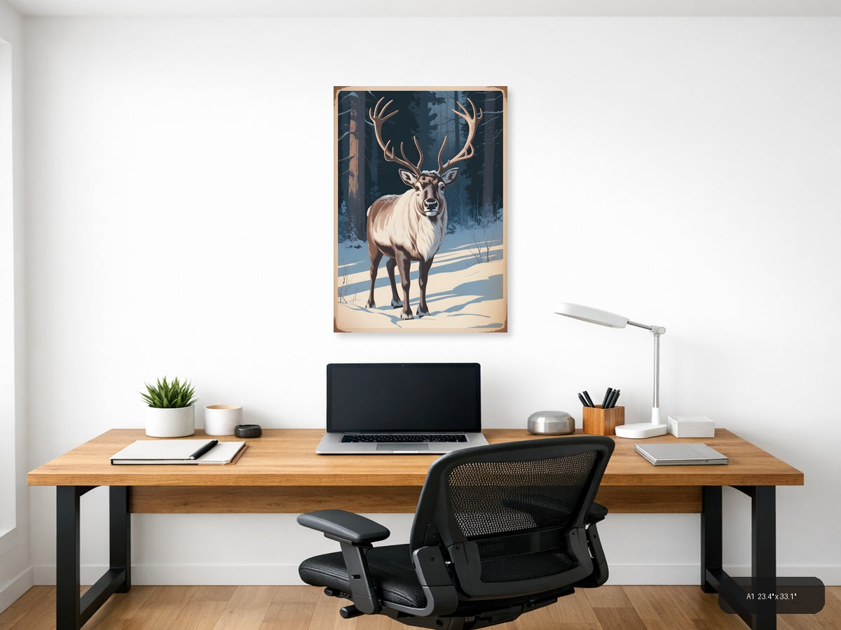 Majestic Deer in Winter Forest Vintage Wall Art — A1 / Office