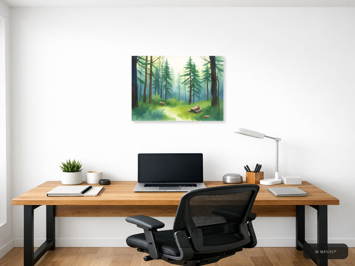 Misty Forest Stream with Wildlife Watercolor Wall Art — A3 / Office