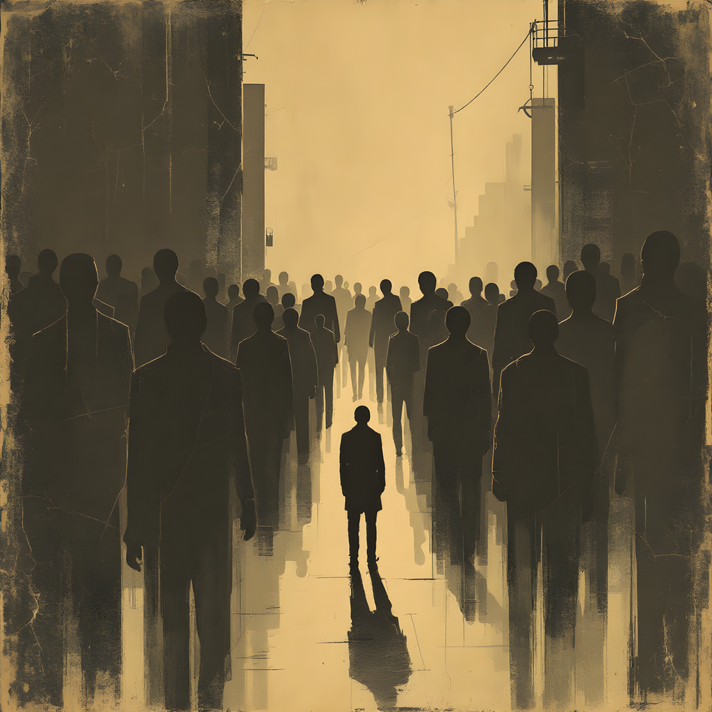 Solitary Figure in Urban Crowd Vintage Wall Art