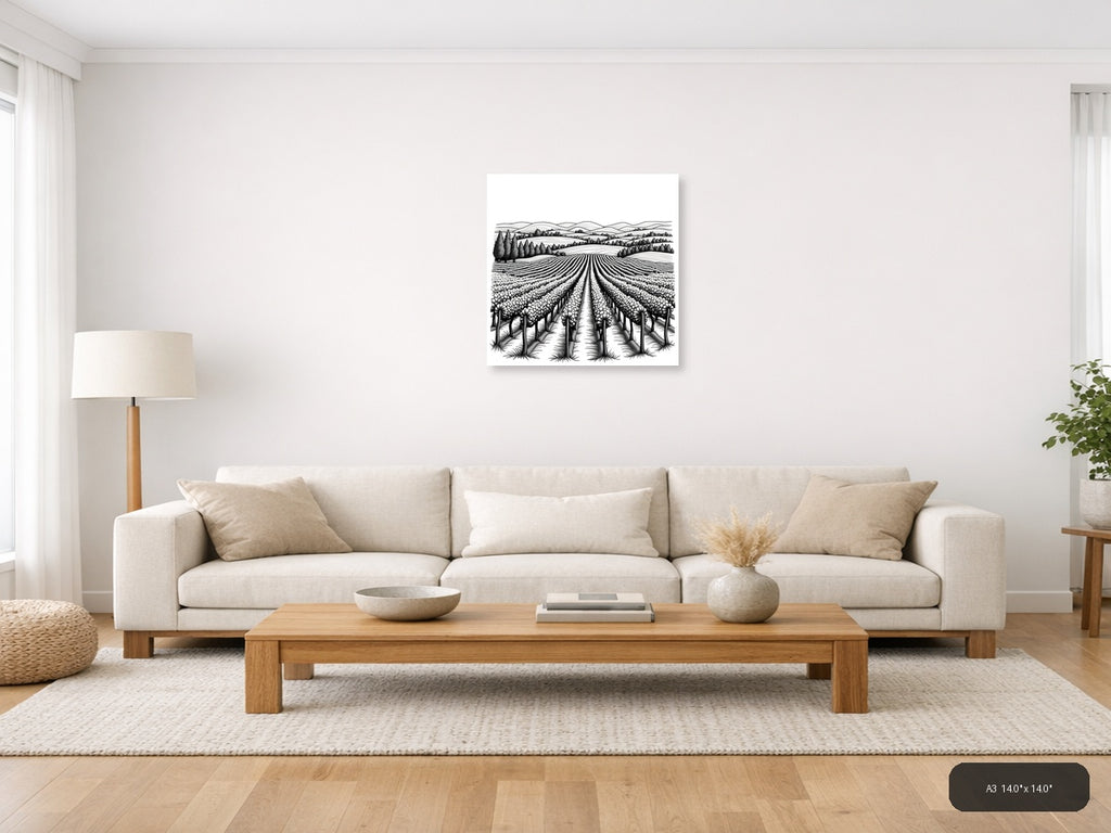 Blooming Field Line Art - Agricultural Landscape Wall Art — A3 / Living Room