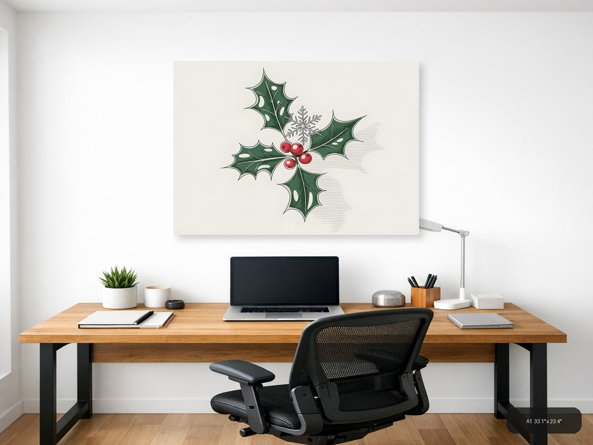 Holly & Snowflake Line Art Christmas Wall Art — A1 / Office