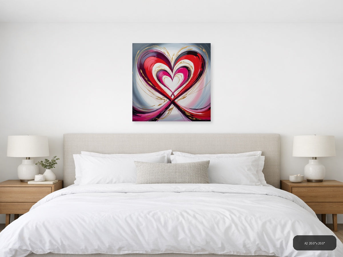 Abstract Nested Heart Swirl Red Pink Gold Wall Art — A2 / Bedroom