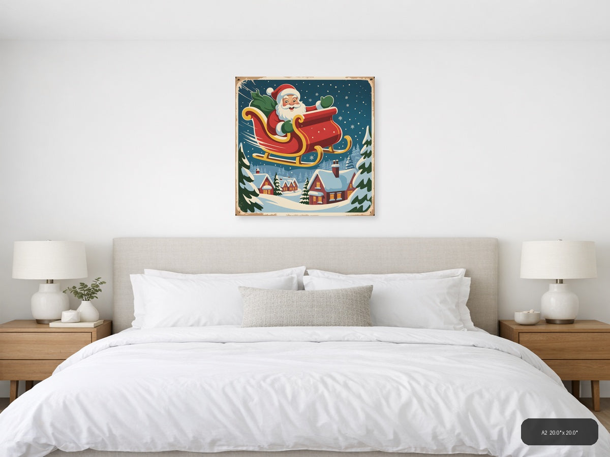 Vintage Santa Sleigh Christmas Night Sky Wall Art — A2 / Bedroom