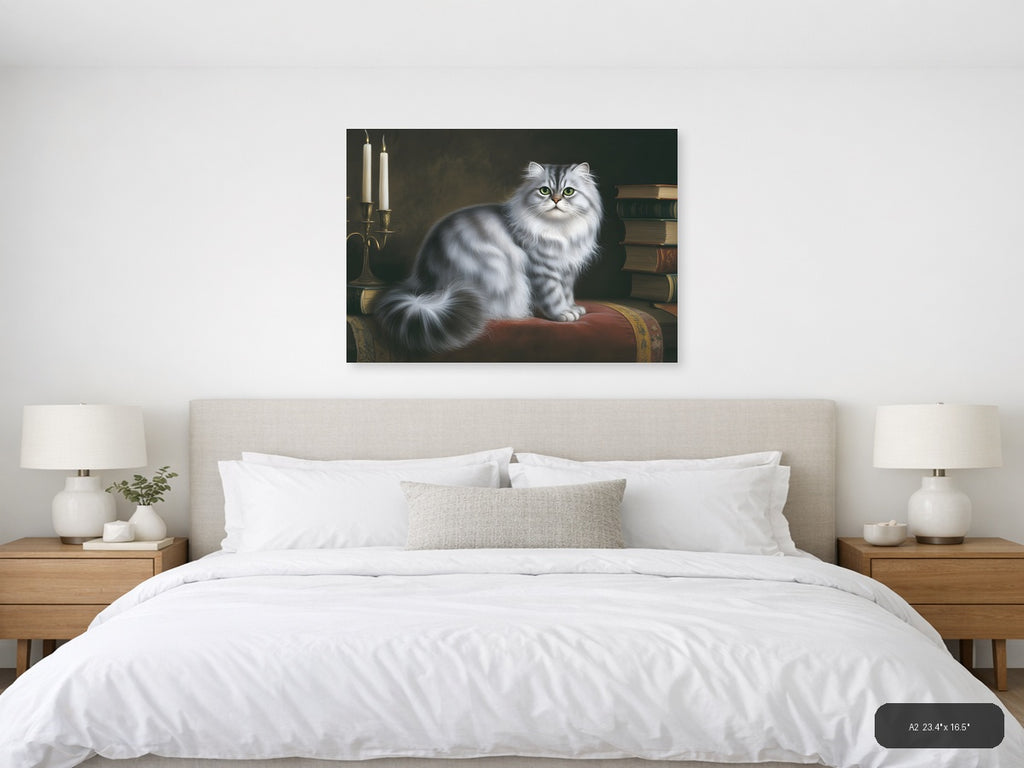 White Fluffy Cat with Green Eyes Portrait Photography Wall Art — A2 / Bedroom