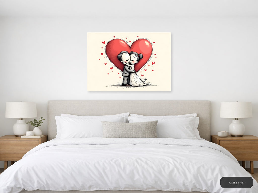 Couple Kissing Heart Line Art Wall Art — A2 / Bedroom