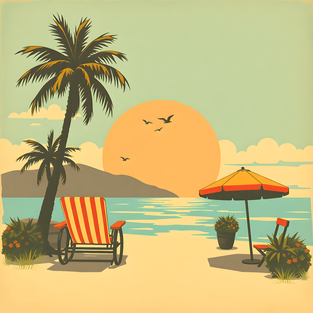 Vintage Beach Sunset Palm Tree Scene Wall Art