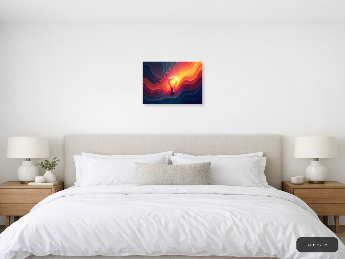 Glowing Lightbulb with Fiery Waves Abstract Art Wall Art — A4 (Bedroom)