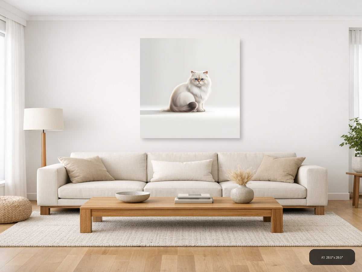 White Persian Cat with Blue Eyes Minimalist Wall Art — A1 / Living Room