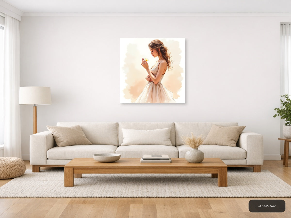 Woman with Yellow Flower Watercolor Portrait Wall Art — A2 / Living Room