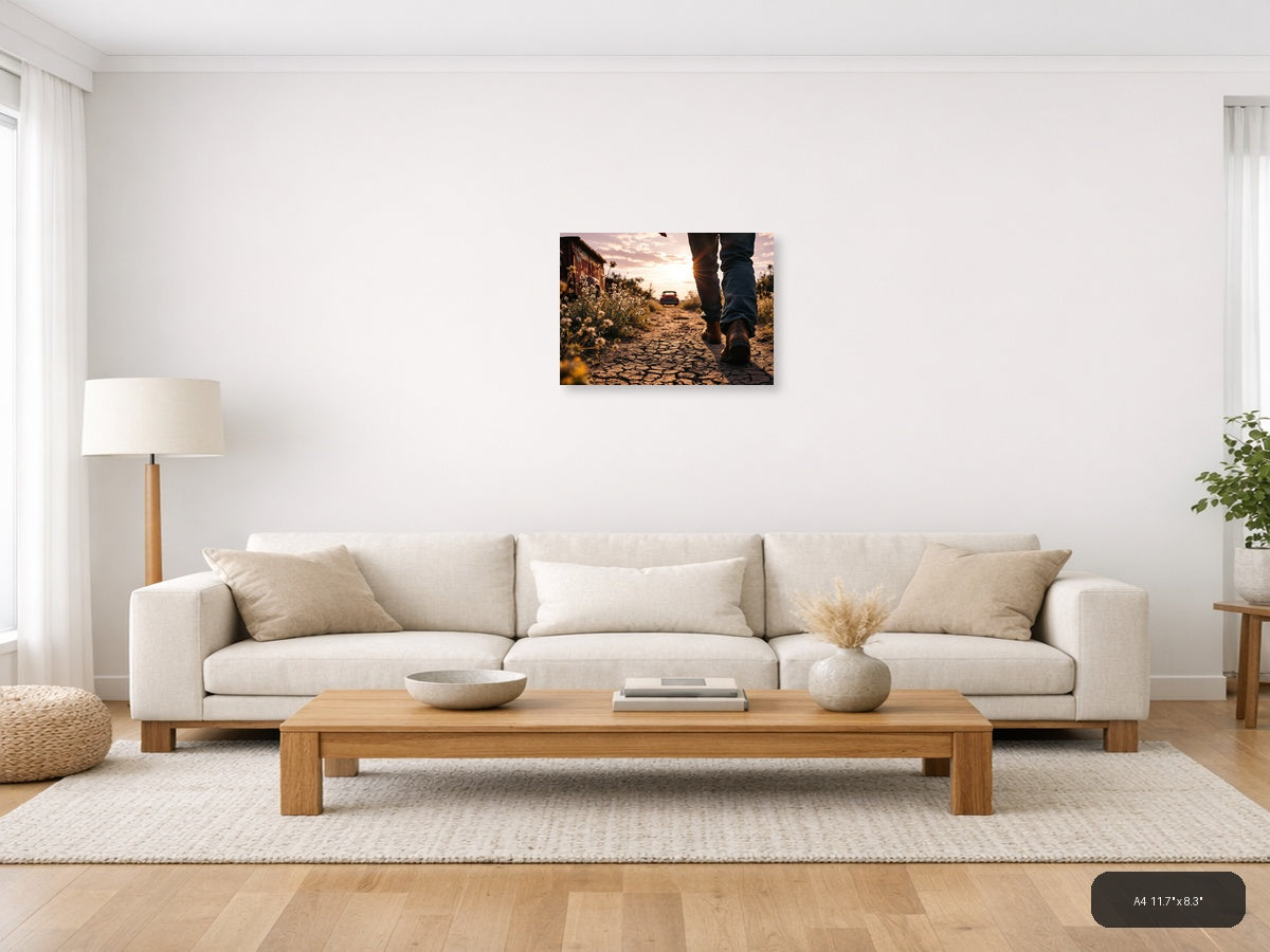 Vintage Desert Road Walk at Sunset Wall Art — A4 / Living Room