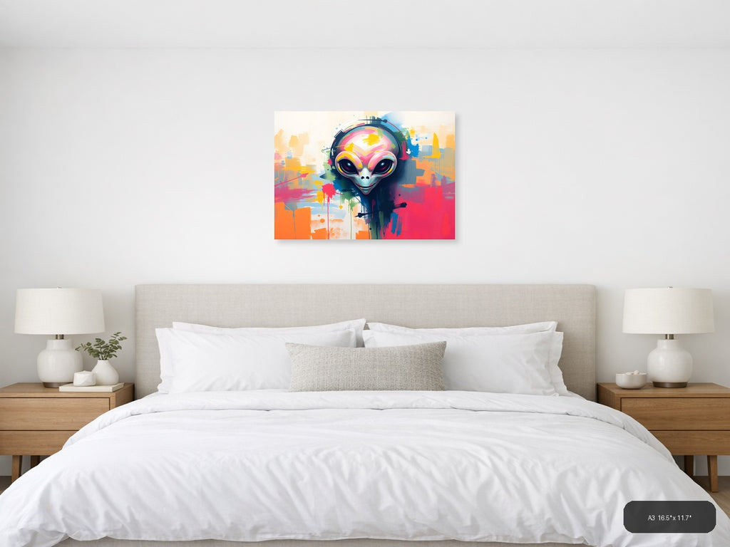 Colorful Alien with Headphones Abstract Wall Art — A3 / Bedroom