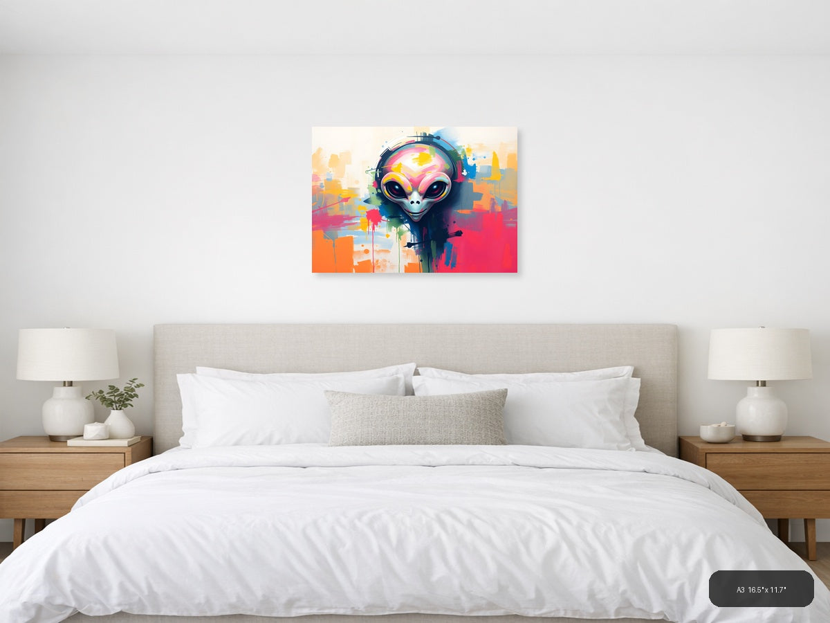 Colorful Alien with Headphones Abstract Wall Art — A3 / Bedroom