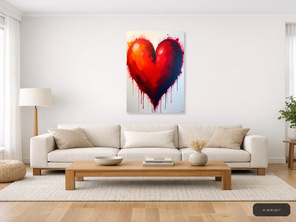 Abstract Red Heart with Dripping Paint Wall Art — A1 / Living Room